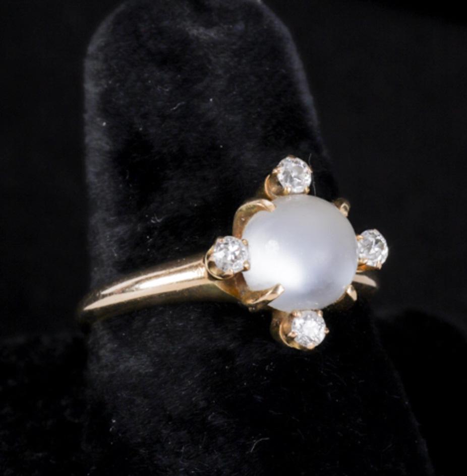 VICTORIAN MOONSTONE and DIAMOND 14K RING: 7 inches. 2.8 dwt. Size 7