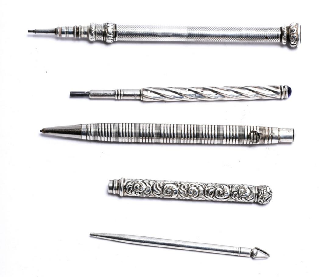 (5) ANTIQUE STERLING SILVER MECHANICAL PENCILS: Including: Barrels with chasing, machined and rope twist. Heads with Intaglio cut lion, and blue hard stone. 4 1/2 inches (and under)