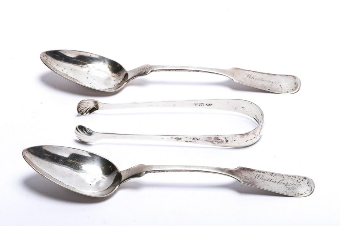 (2) COIN SILVER TABLESPOONS & SUGAR TONGS: Tablespoons by N.A. Freeman New York, engraved Whittaker and a pair of continental sugar tongs bright cut and monogrammed. 4.95 troy ounces