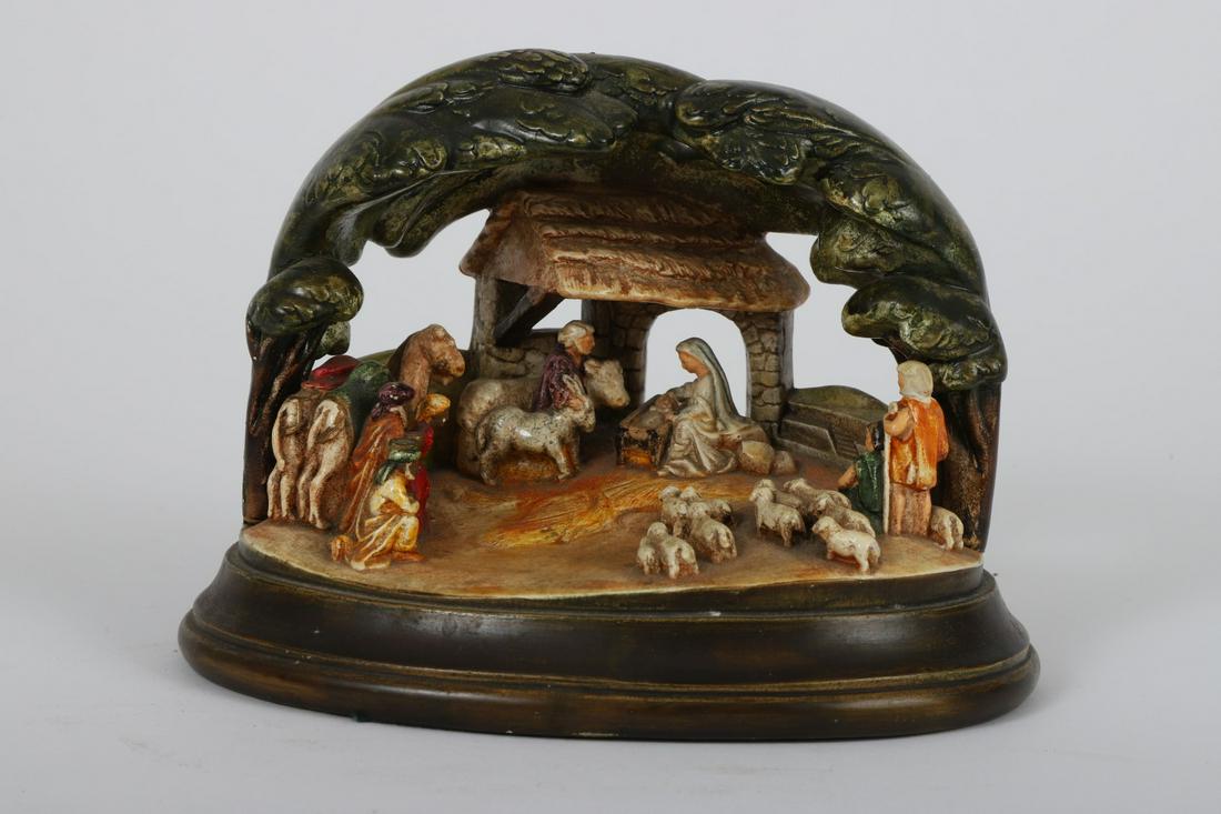 1954 SEBASTIAN MINIATURE NATIVTY SCENE: 6 x 7 x 5 inches. Note: Painted by Harriet Bull who painted for Sebastian Studios in the 1950s.