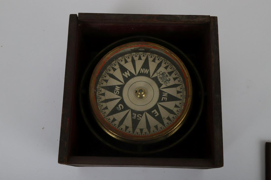 ENGLISH 5 INCH DRY COMPASS: Signed with coat of arms of the Order of the Garter “Honi soit qui mal y pense with 5 inch dial set in gimbaled oak case painted with a pleasing red wash exterior and interior.