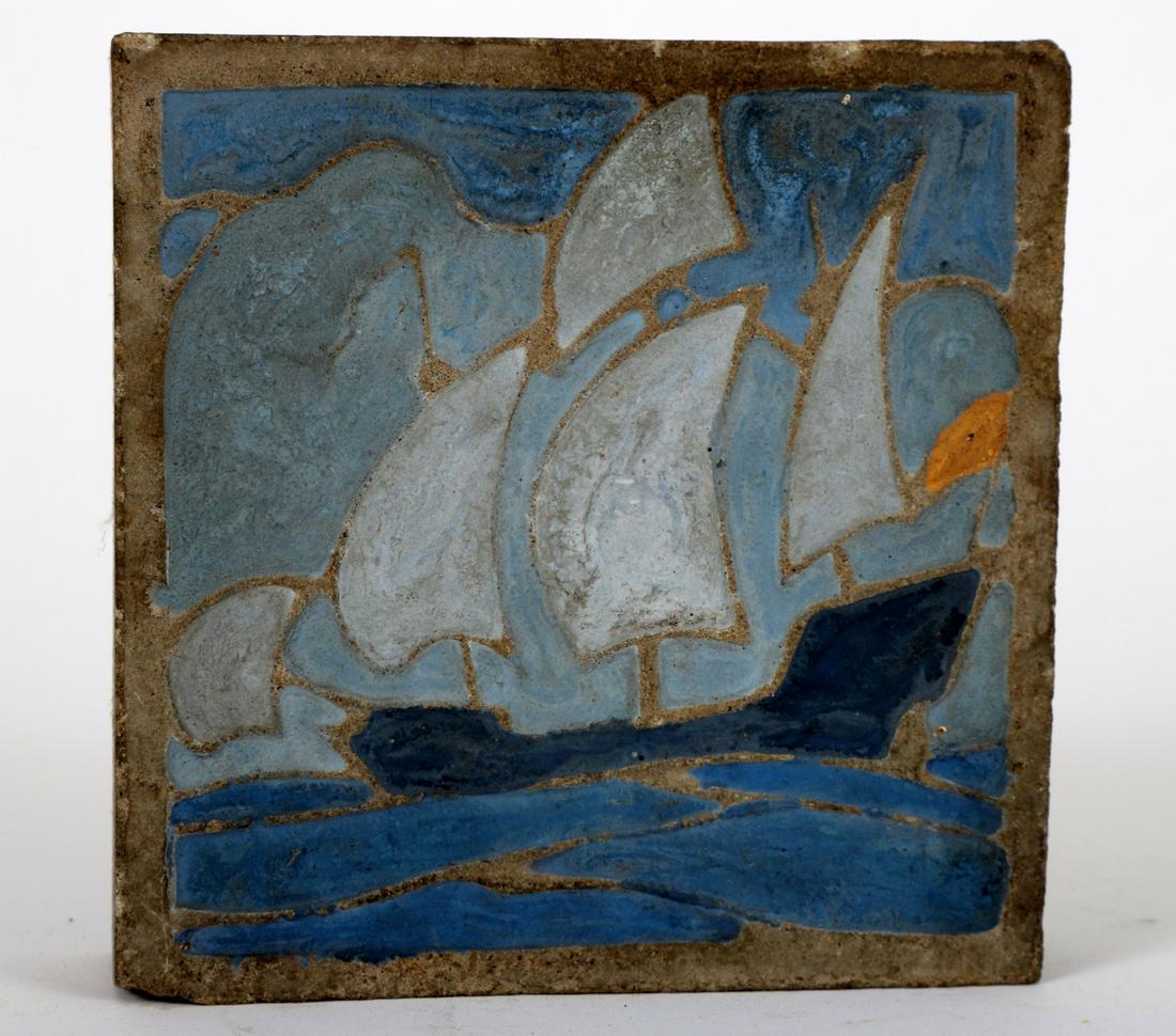 EXTREMELY RARE/ EARLY MARBLEHEAD POTTERY TILE: Marblehead Galleon at Sea. Glazed cement. 6 ¼ x 6 ¼ inches. Unmarked. Note: Harriett BullÂ’s collection of early Marblehead Pottery comes from family members directly connected to the Devereux Ho