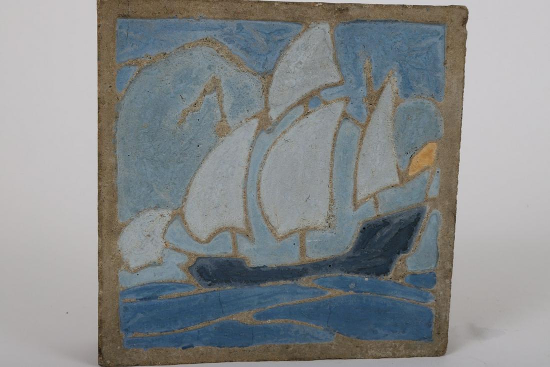 EXTREMELY RARE/ EARLY MARBLEHEAD POTTERY TILE: Marblehead Galleon at Sea. Glazed cement. 6 ¼ x 6 ¼ inches. Note: Harriett Bull’s collection of early Marblehead Pottery comes from family members directly connected to the Devereux House Sanitari