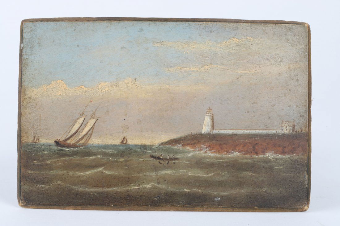 CLEMENT DREW (1806-1899) MARBLEHEAD LIGHT: Oil on paperboard 4 ¼ x 6 ½ inches. Inscribed verso