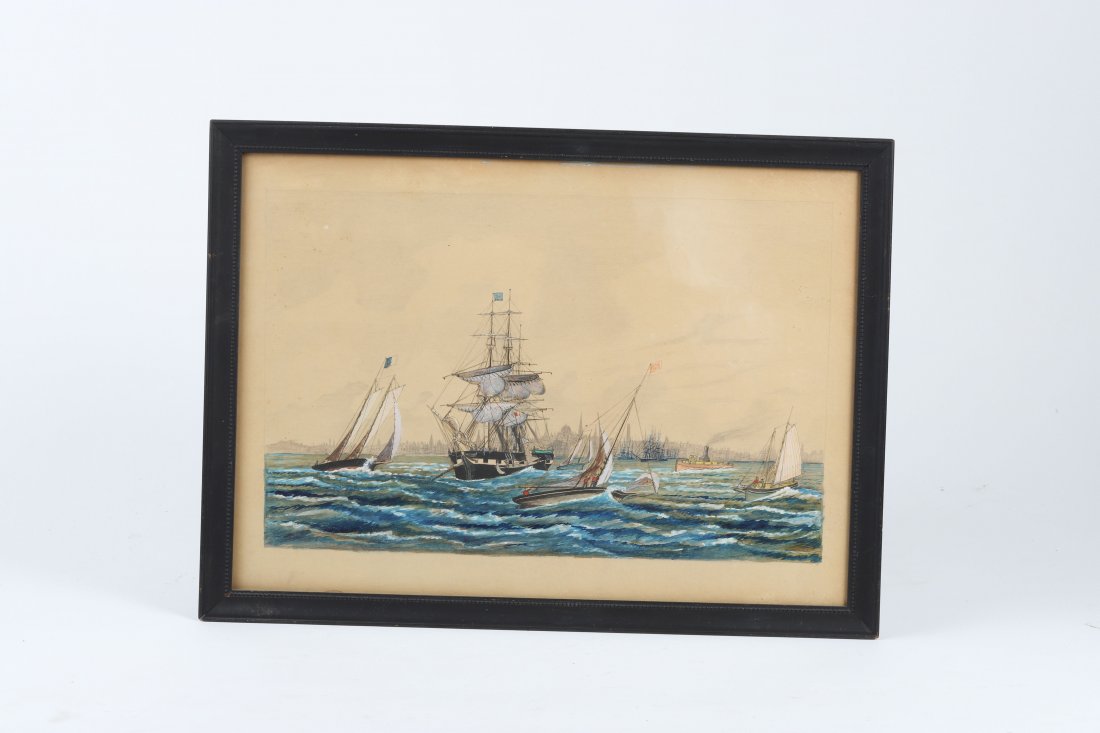 (19th c) AMERICAN SCHOOL TALL SHIP BOSTON HARBOR: Beacon Hill and State House on the Horizon. 8 x 12 inches. Unsigned. Framed 11 x 15 inches