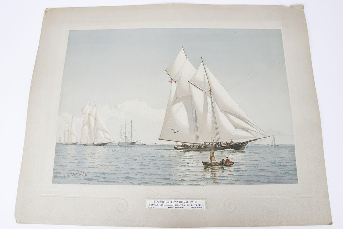 AMERICAN YACHTS by FREDERIC S. COZZENS: “Fourth International Race Madaleine defecting Countess of Dufferin” a Stern Chase and a Long One- 1876. plate 16. Tobin Art Works. Copyright 1884 by Charles Schribner's Sons