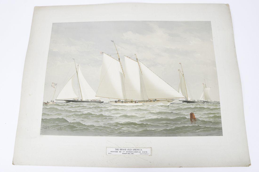 AMERICAN YACHTS by FREDERIC S. COZZENS: “The Brave Old America” The Early Races Maria, America, Una, Ray” plate 1. Tobin Art Works. Copyright 1884 Charles Schribner's Sons 20 x 26 ½ inches (overall)