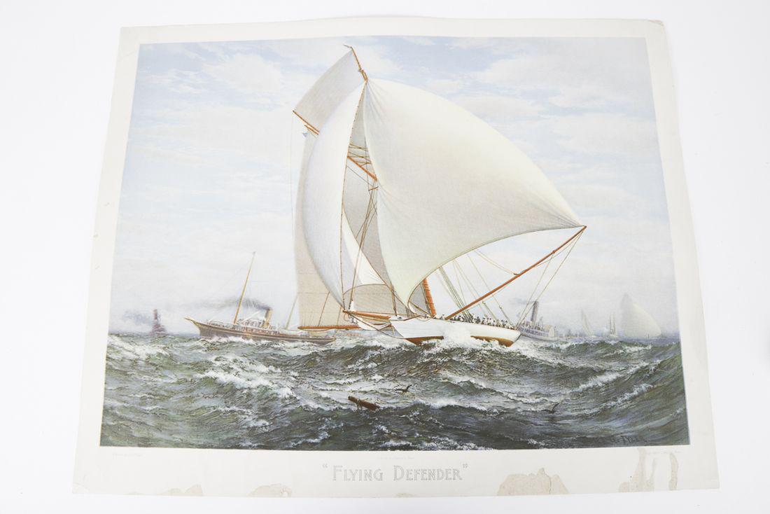 “FLYING DEFENDER” by J.G. TYLER PRANG LITHO: Copyright 1895 by L. Prang & Co. Boston. 19 ½ x 24 ½ inches. Note: Retail galleries have asked as much as $2,200 for this print.