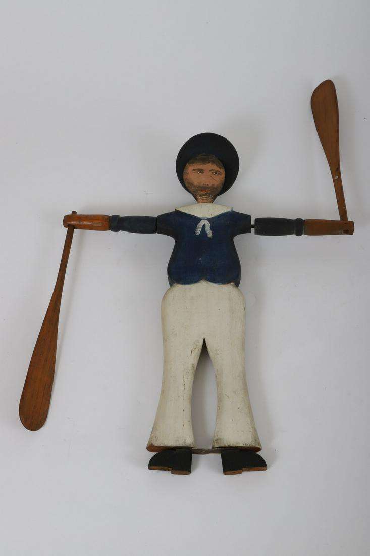 EARLY (20th c) WHIRLIGIG of JACK TAR: Carved and painted wood. 21 ½ inches (fully extended)