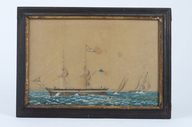 (19th c) AMERICAN SCHOOL TALL SHIP ERIE: (Early 19th c) Pilots coming aboard in an active Boston harbor (blue and white Boston harbor signals). Gouache on paper 7 ½ x 11 inches.