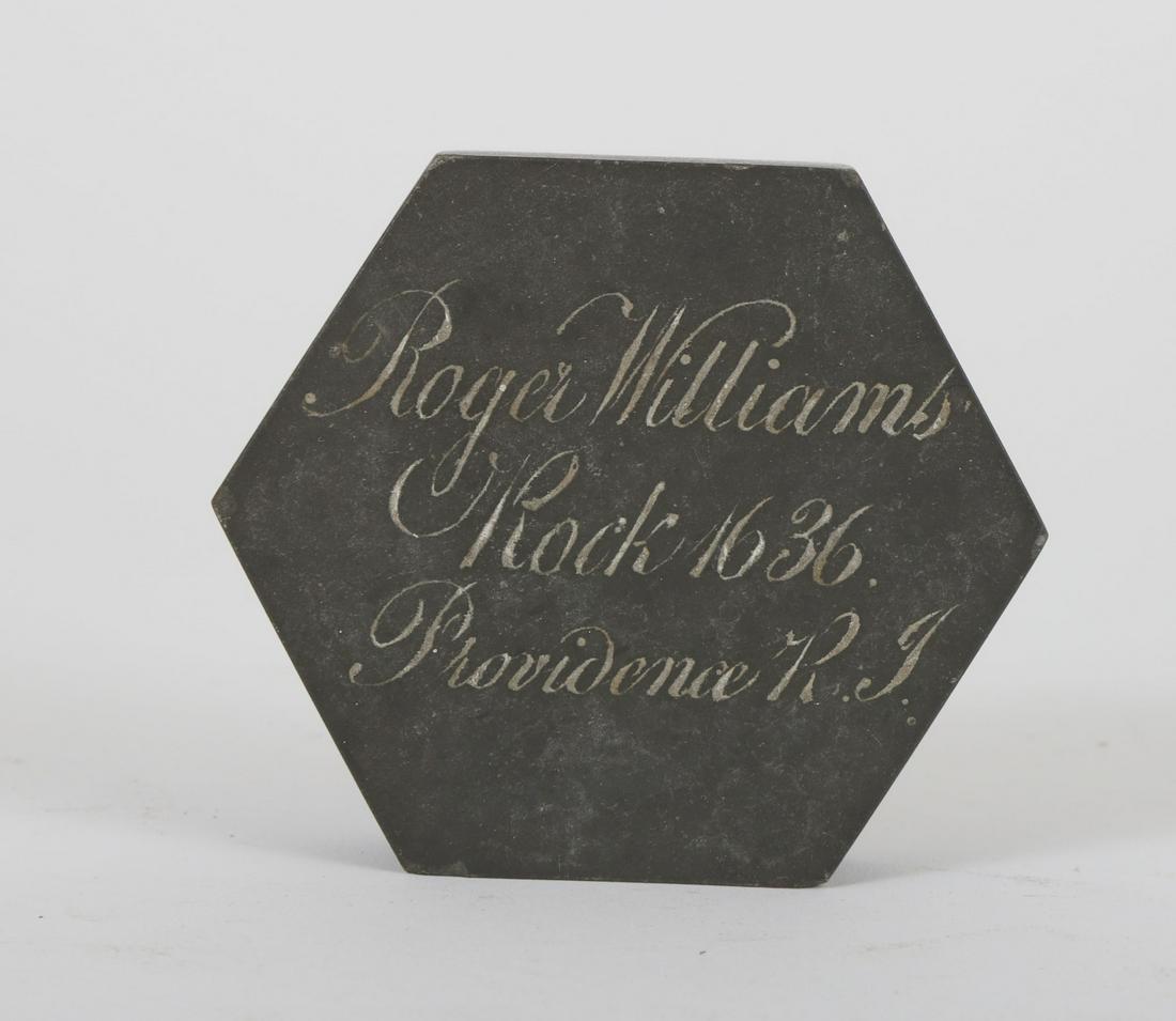 ROGER WILLIAMS ROCK 1636 PROVIDENCE R.I.: Engraved slate specimen commemorating his landing place. 3 inches