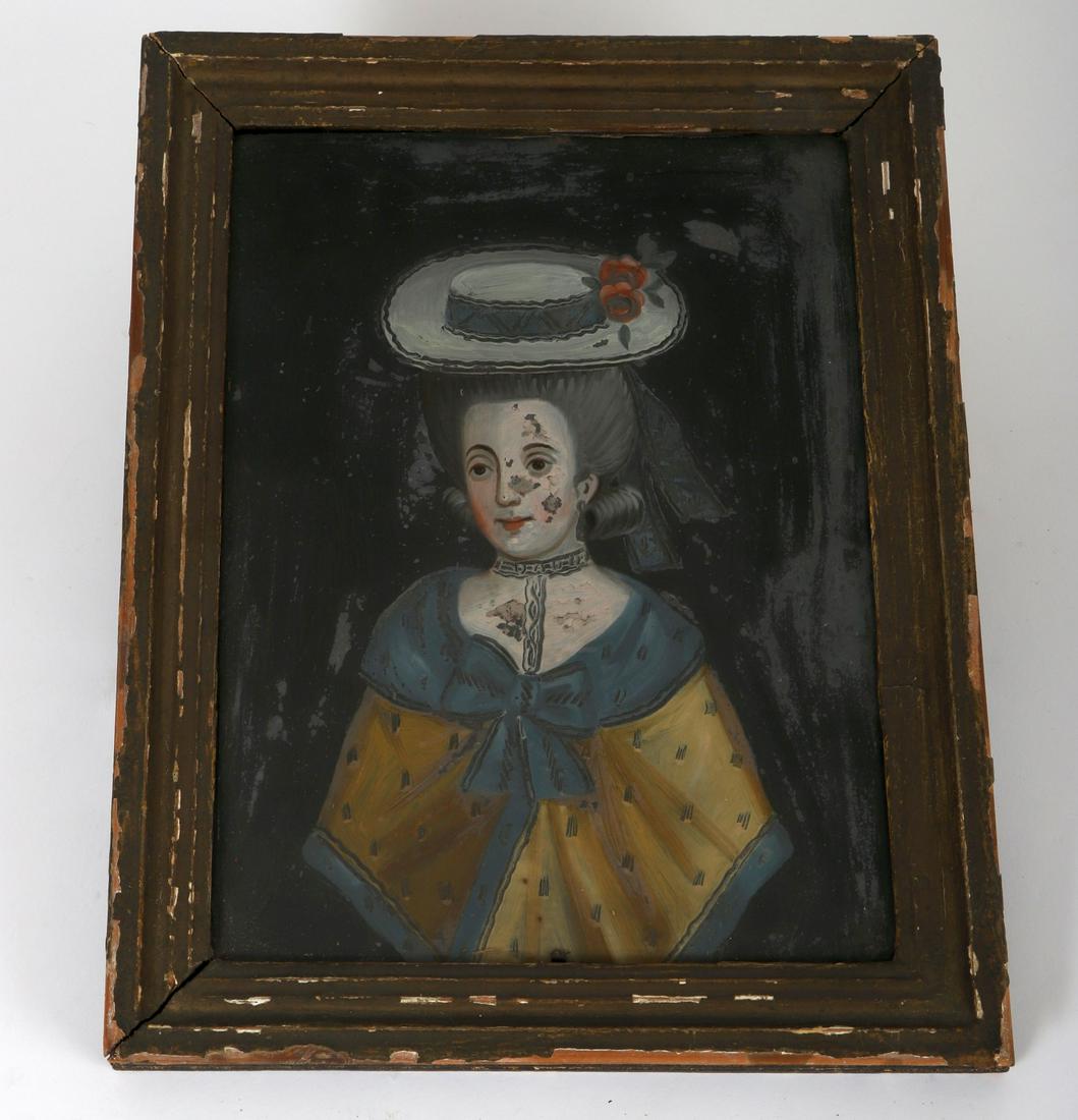 (18th /19th c) REVERSE PAINTING ON GLASS: Depicting a woman in a cape and bonnet. 14 x 11 inches