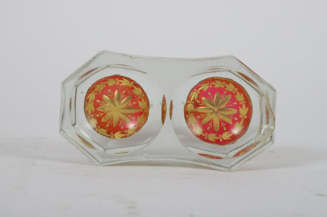 INTERESTING EARLY GLASS DOUBLE MASTER SALT: Under base is set with cut and gilt ruby glass. 2 ½ x 4 ½ inches