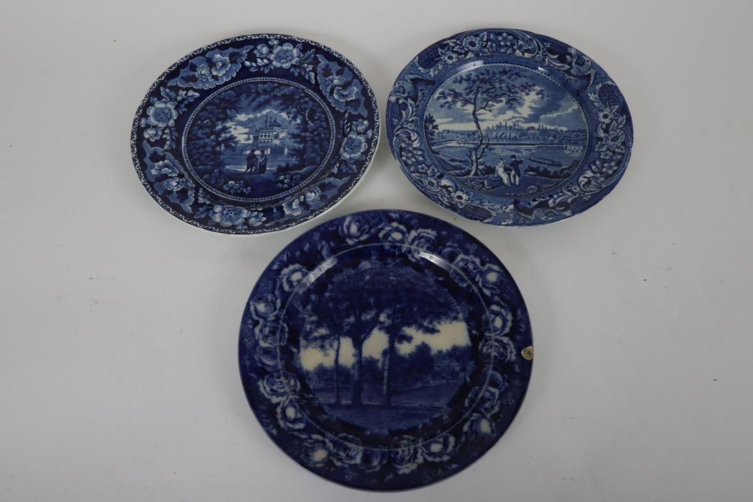(3) BLUE & WHITE TRANSFERWARE PLATES: Including: Mountain Lake Park Wright Tyndale & Van Roden and (2) scenes of courting and family. 10 1/4- 10 ½ inches
