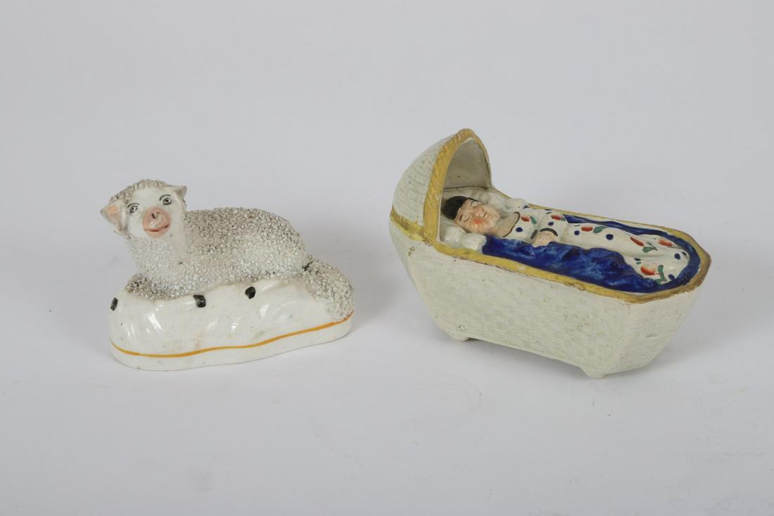 STAFFORDSHIRE LAMB & PRATTWARE CRADLE: Prattware cradle is 4 inches (length), Staffordshire lamb is 3 ¼ inches (length)