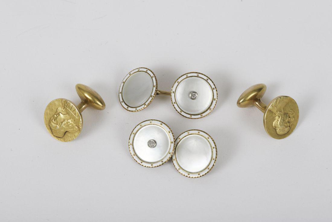 (2) INTERESTING PAIRS OF 14k GOLD CUFFLINKS: Including: Two-sided enamel, diamond and mother of pearl (possibly moonstone) and a bench made pair with Romeo and Juliet in profile signed with a torch (possibly by Bippart). ½ inch (approx.) 9.4dwt