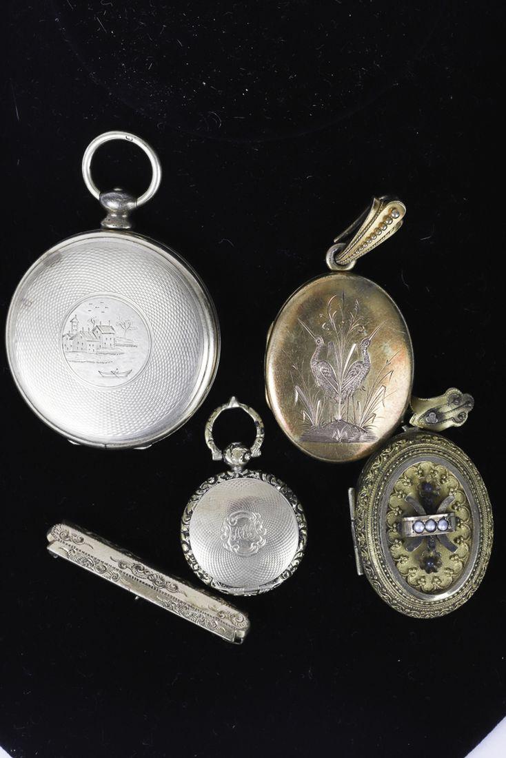 (5) PIECES OF VICTORIAN GOLD FILLED JEWELRY: Including: (4) Lockets, (1) in the Etruscan style, a double locket with engraved harbor scene and guilloche work, (1) engraved with cranes and a miniature example encasing a locket of hair. Together w