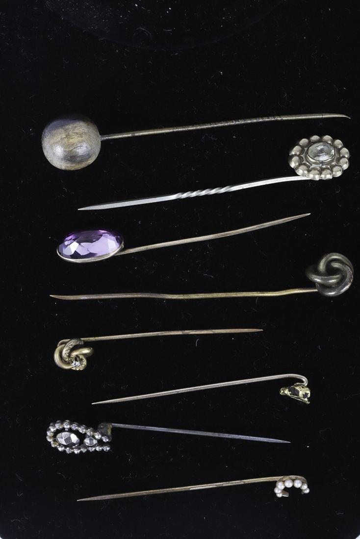 (7) VICTORIAN STICK PINS: Including: 22k gold nugget 1dwt (possibly from Alaska1898, gold filled set with a citrine, an amethyst, a diamond, a faceted hinged horseshoe, a crescent with seed pearls, a knot and a wooden ball. 3 