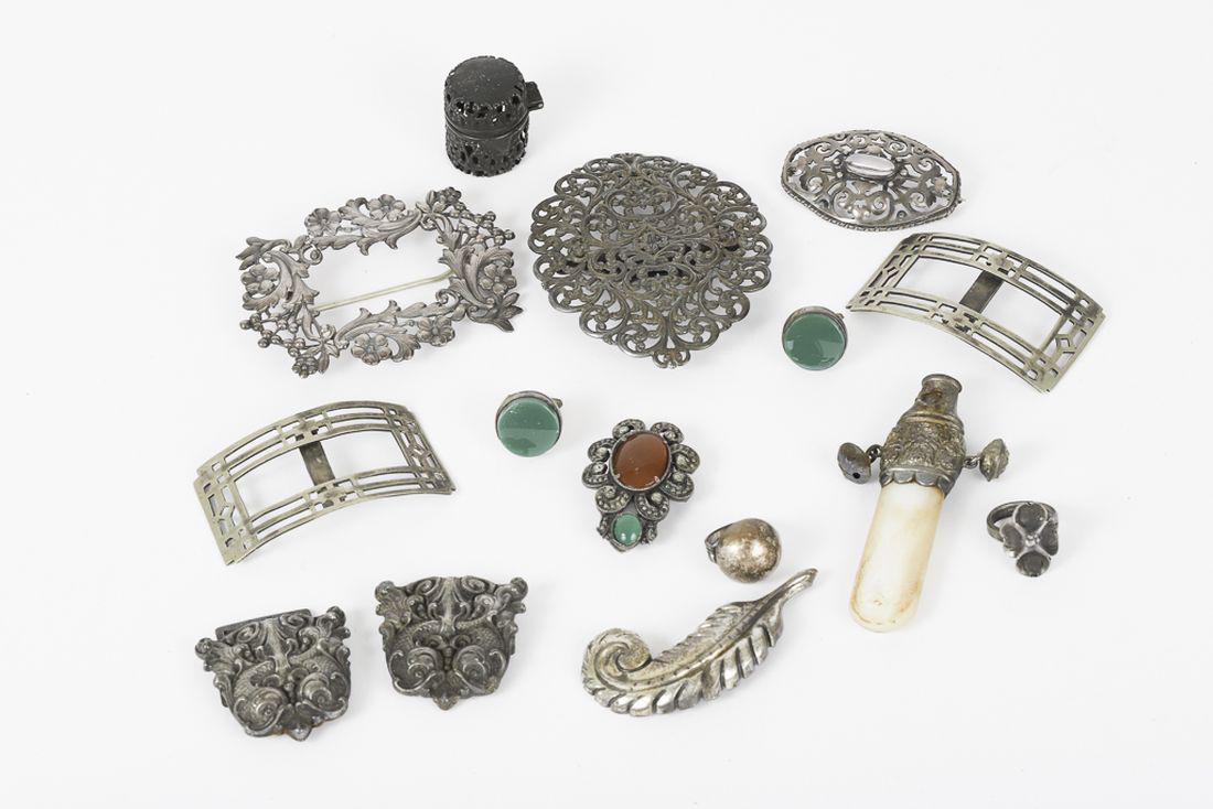 GROUPING of STERLING SILVER ACCOUTREMENTS: Nice assortment of pins, buckles, pacifier, rings, dolphin buckles etc. 3 inches (and under)