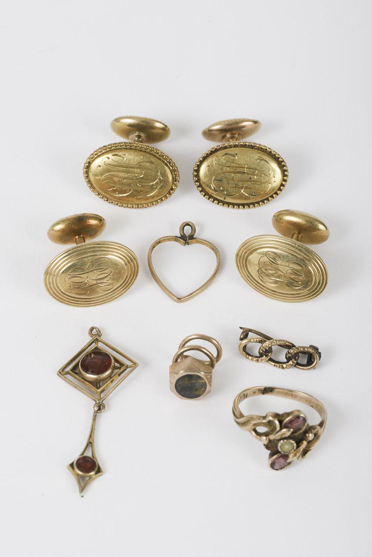 (9) PIECES of 14k GOLD VICTORIAN JEWELRY: Including: (2) pair of monogrammed cuff links, (3) link bar pin, a stud set with California quartz, a ring and a single earring set with rubies? Together with a heart shaped pendant. 9.6dwt