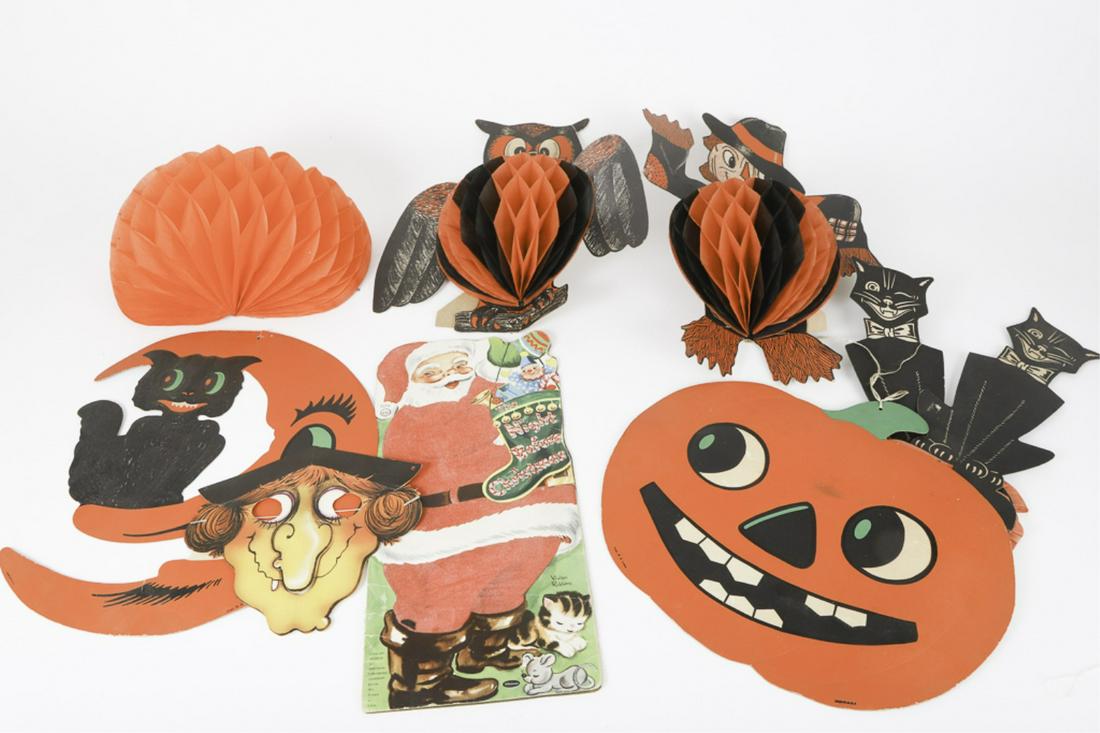 (9) VINTAGE c.1960 HALLOWEEN DECORATIONS etc.: Including: Cats, jack-o-lanterns, and witches. Together with the Night Before Christmas illustrated by Vivian Robbins. 15 ½ inches (and smaller)