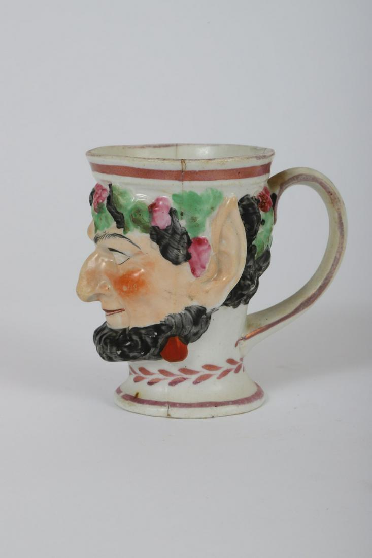 FIGURAL CREAMWARE MUG OF BACCHUS: Pink luster accents. 4 inches