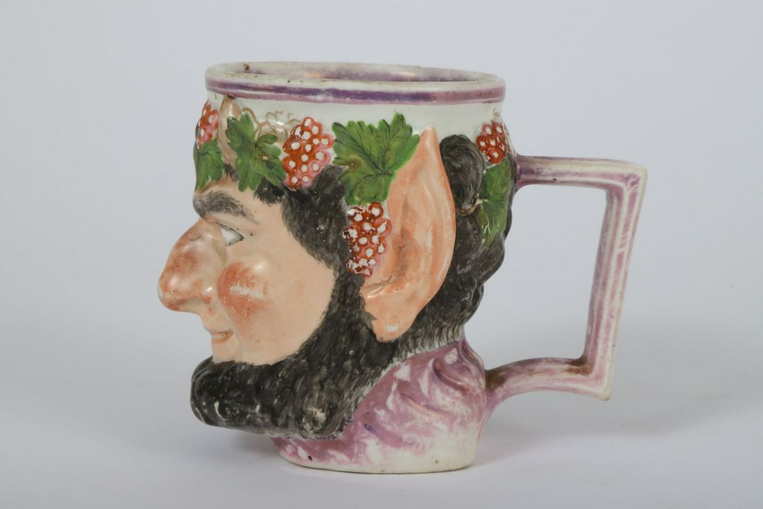FIGURAL CREAMWARE MUG OF BACCHUS: Pink luster accents. 4 inches
