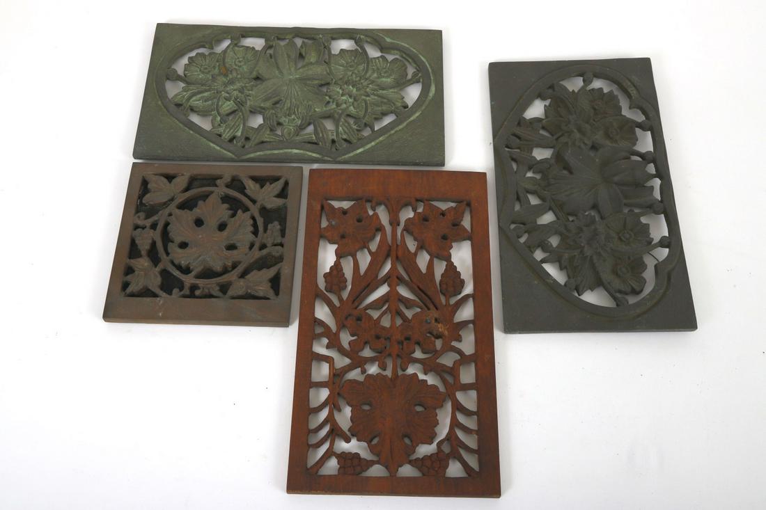 (3) BRONZE and (1) CARVED WOODEN PLAQUES: Marblehead crafted floral and grape motifs with hanging hooks on larger examples. 10 x 5 ½ inches (and smaller)