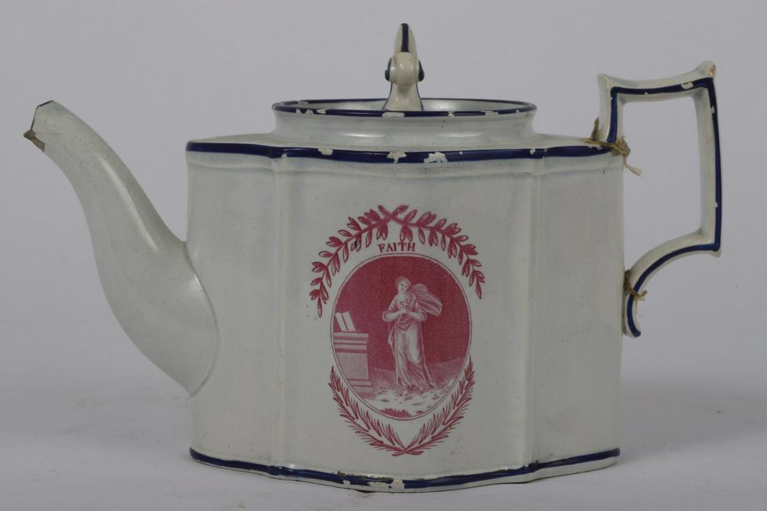 EARLY STAFFORDSHIRE PEARLWARE TEAPOT: “Faith” transferware. 6 inches