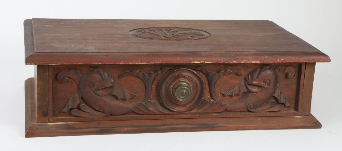 CARVED ONE DRAW BOX CARVED with DOLPHINS: Handsome Arts and Crafts inspired mid-century box carved with stylized dolphins and monogram. 6 x 22 ½ x 12 inches.