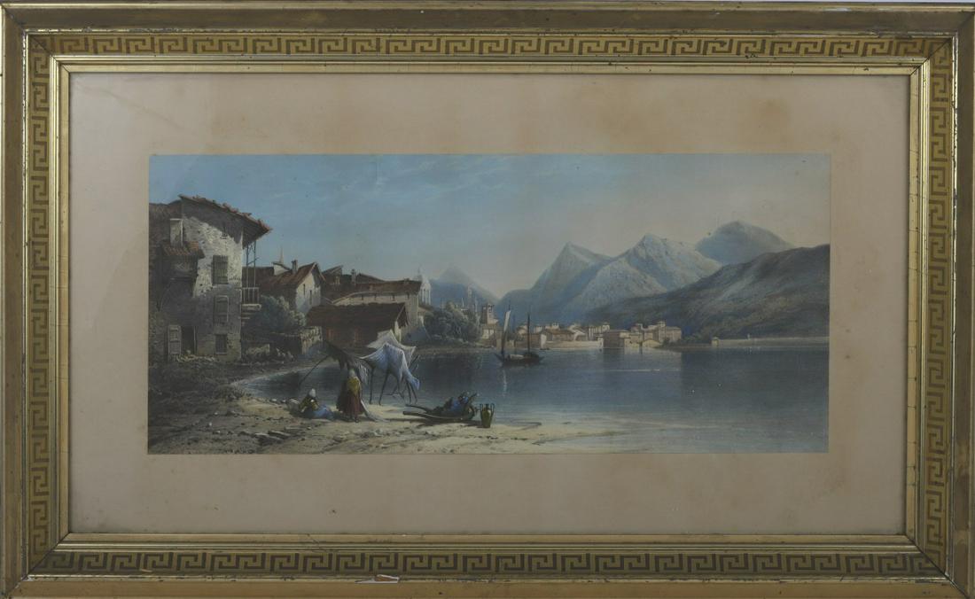 1880's CHROMOLITHOGRAPH of NORTHERN ITALIAN CITY: Unsigned. 8 x 19 inches. Presented in its original lemon gold frame 17 x 27 inches (overall)