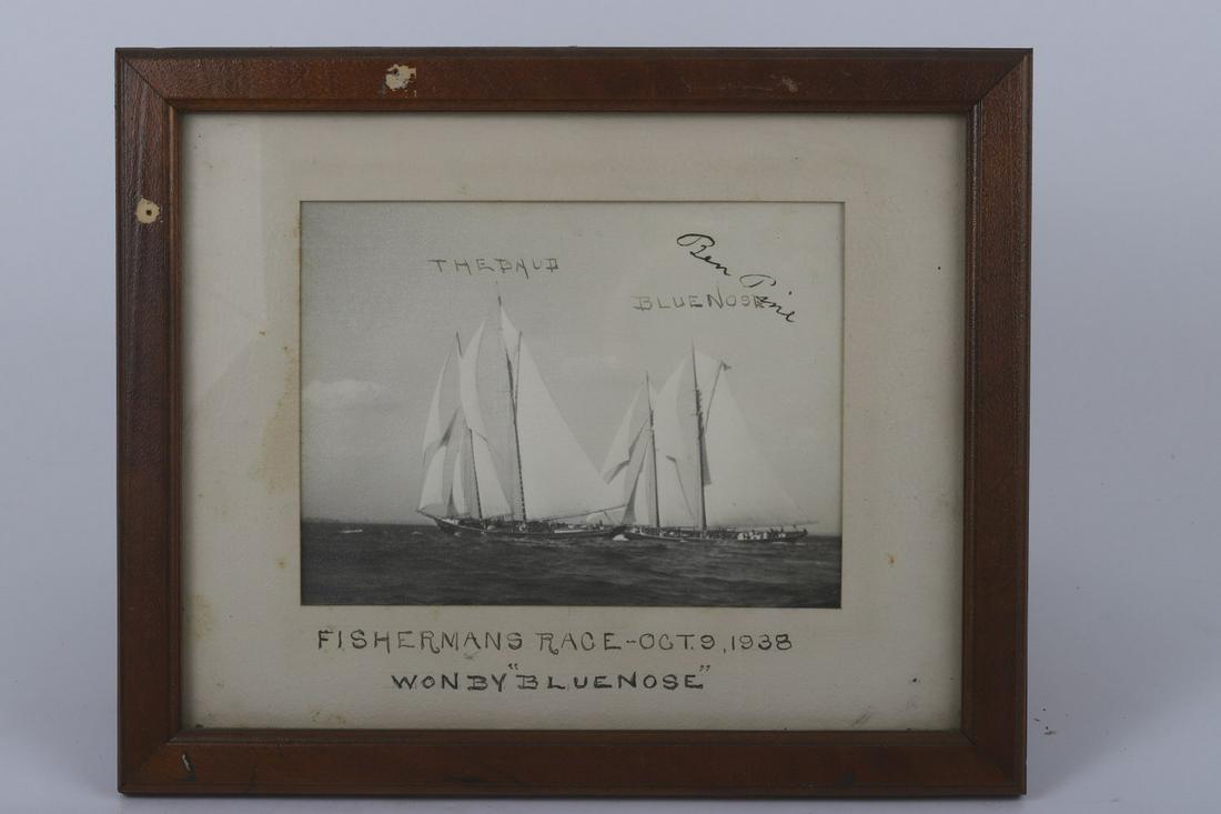 THIEBAUD & BLUENOSE SIGNED PHOTO CAPT BEN PINE: Fisherman's Race 10/09/1938 7 x 9 ½ inches framed 13 x 16 inches (overall)