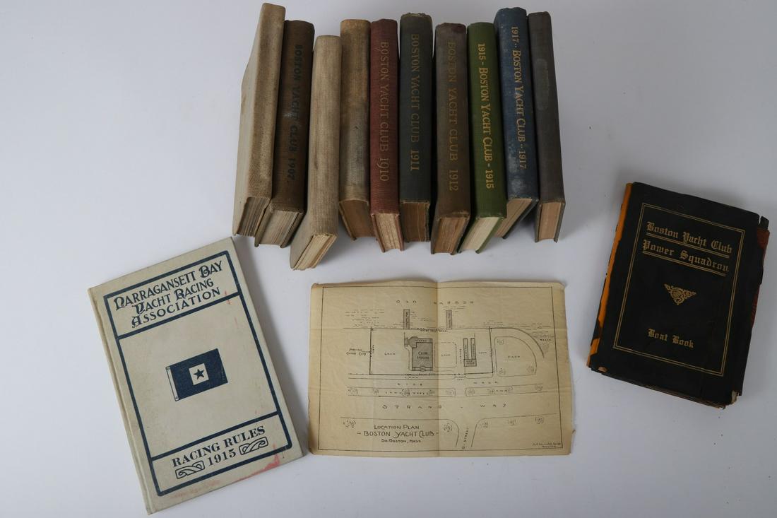 (9) BOSTON YACHT CLUB YEAR BOOKS etc.: 1903,1904,1907, 1910,1911,1915, 1917,1923. 6 x 4 ½ inches Hardcover cloth bound. Includes: Club Rules, Histories, Yachts, Races etc. Together with BYC Power Squadron 1913, and the Narragansett Bay Ya