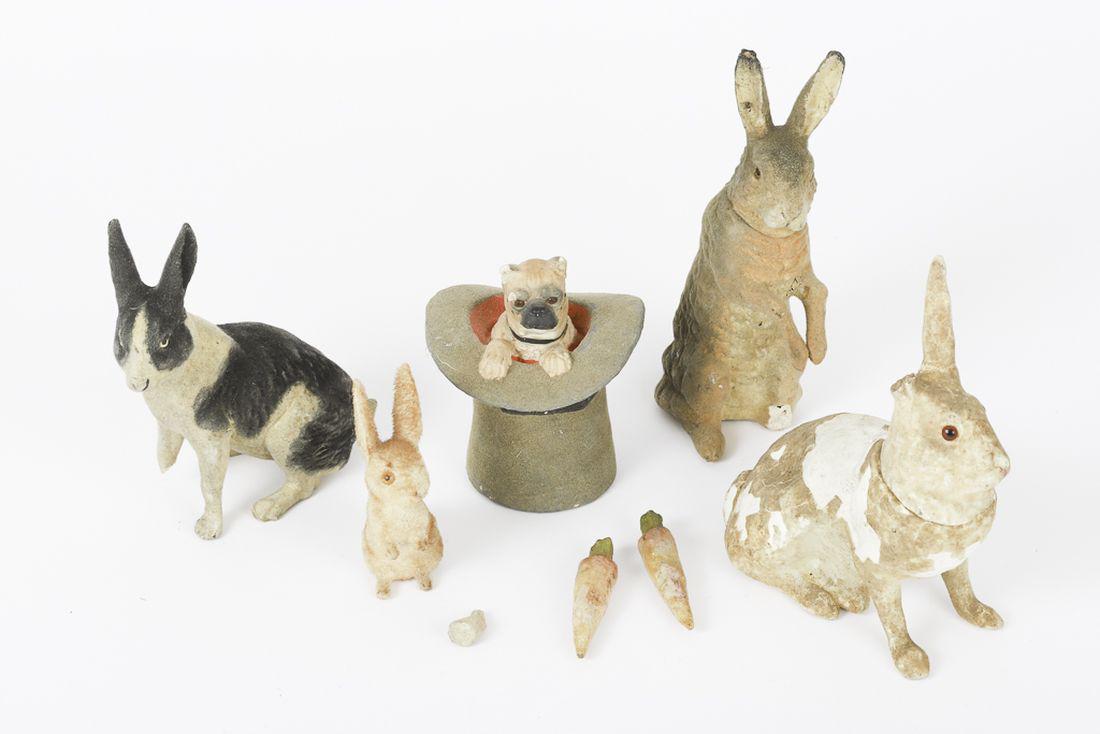GERMAN RABBIT CANDY CONTAINERS etc.: (3) Containers including (2) rabbits and (1) dog in top hat, (1) black and white rabbit does not open. Together with (2) ceramic carrots and a Max Carl West Germany rabbit. 6 ¼ inches (and under)