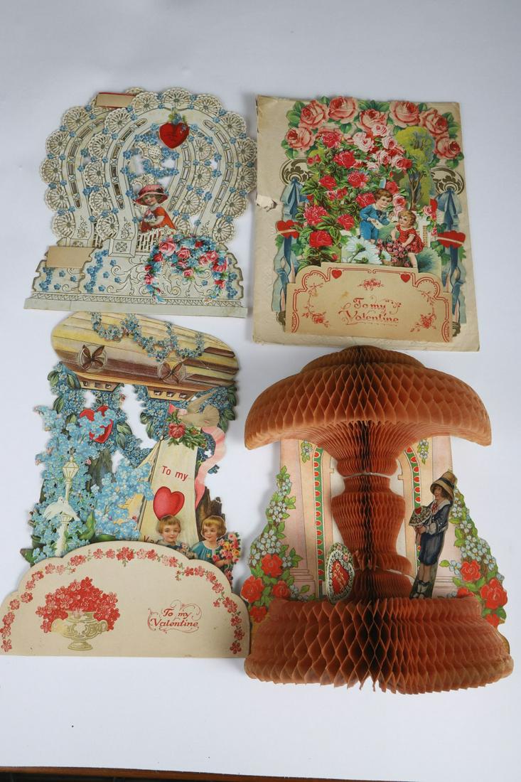 (4) DIMENSIONAL VALENTINE DAY CARDS circa 1900: Including: Zeppelin, trellis, rose garden and circular crepe paper. 11 inches (and under)