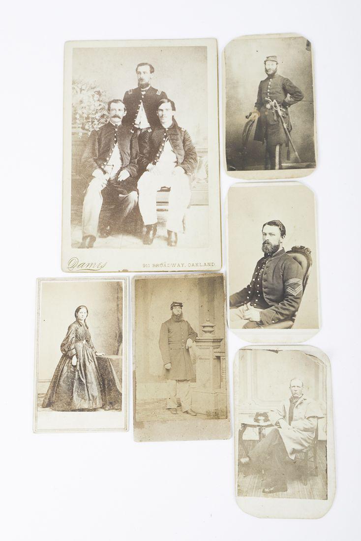 (6) ALBUMEN PHOTOGRAPHS CIVIL WAR SOLDIERS etc.: William Ray, Boston seated, Call Benjamin ?, Boston seated with coat, (2) Unidentified, together with a full length portrait of a woman and a later cabinet card of (3) soldiers.