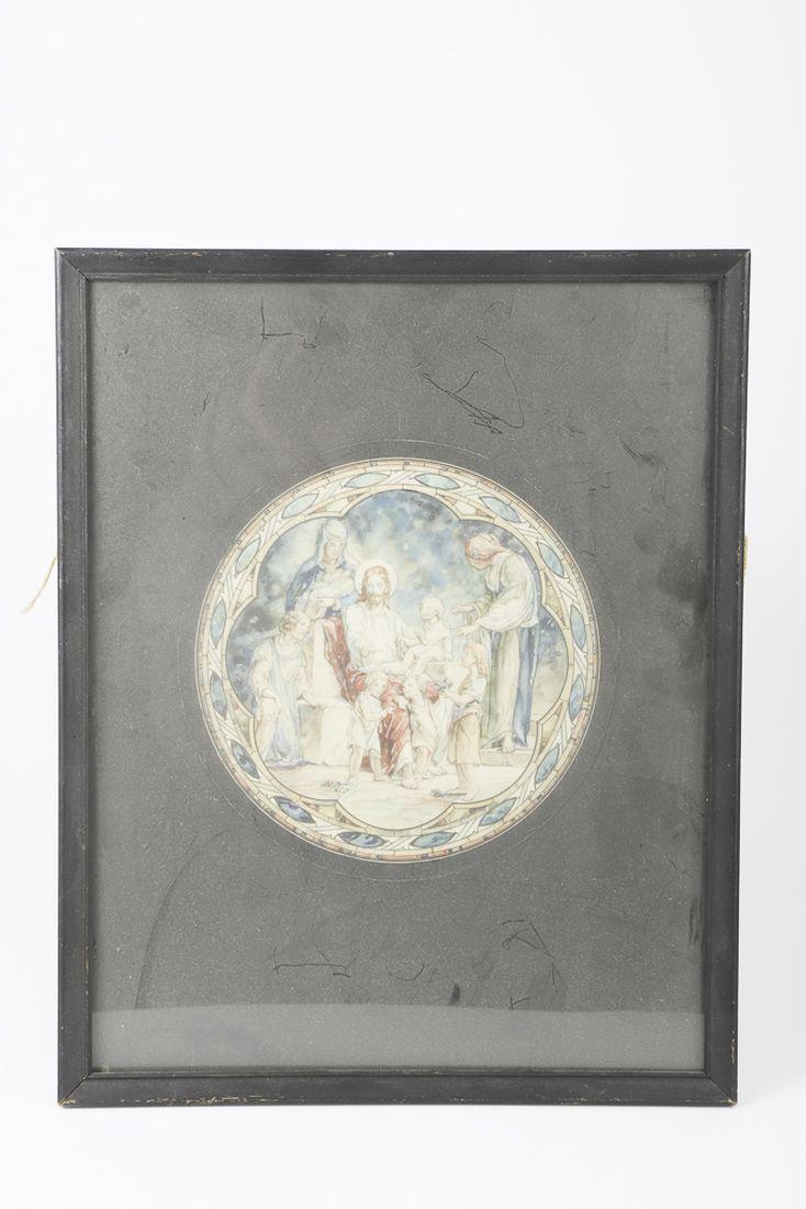 AMERICAN SCHOOL (1st half 20th c) STAINED GLASS: Study? “Allegory with Jesus” watercolor and ink on paper. 7 inches. Framed 15 x 12 inches (overall)