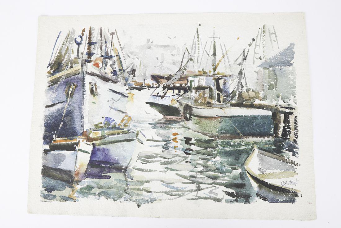 JOHN CHETCUTI (1900-1976): “Gloucester Fishing Boats at Dock” watercolor 14 ¾ x 20 inches. Signed. Unframed. Note: Harriett Bull’s mother, watercolor artist Marian Martin Brown (1888-1972), studied with Checuti.