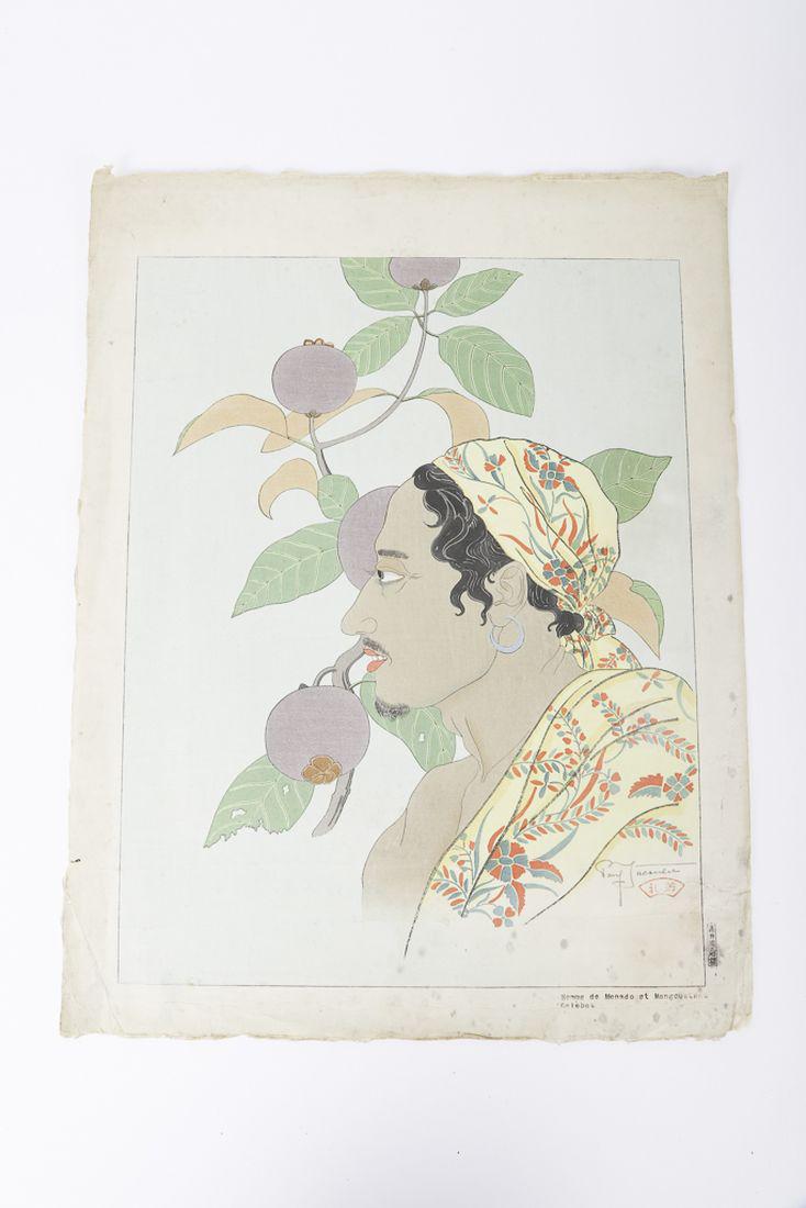 PAUL JACOULET (1896-1960): “Homme de Menado et Mangoustans, Celebe” woodcut 15 ½ x 12 inches. Signed. Unframed