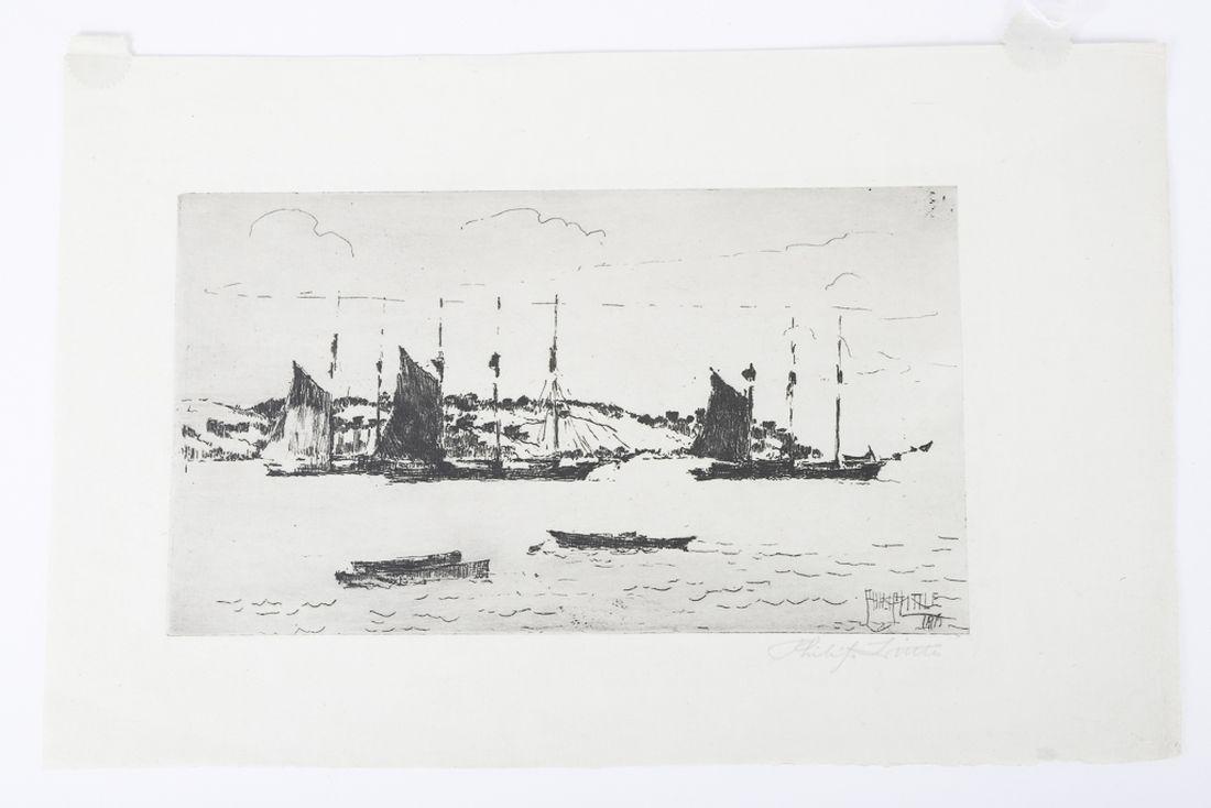 PHILIP LITTLE (1857-1942): “Tall Ships moored in Harbor” etching. 9 x 14 inches (sheet). Signed.