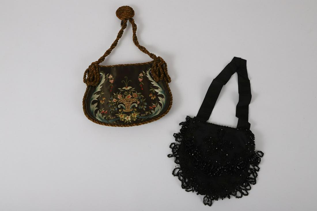 BEADED VICTORIAN HAND BAG & a SECOND: The second with tassels and belt hook is embroidered with a basket of flowers in silk and metallic thread. 5 ½ inches (and under not including handles)