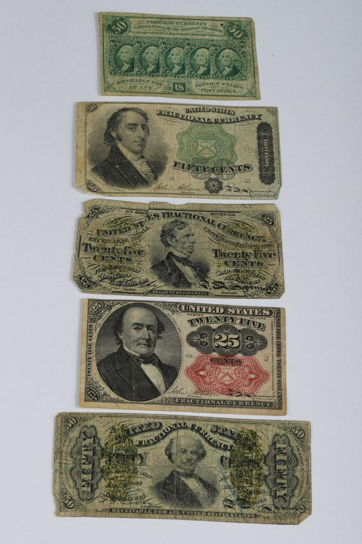 (4) FRACTIONAL NOTES & (1) POSTAGE NOTE: 25 and 50 cents denominations