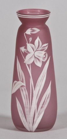 Thomas Webb & Son art glass cameo vase in rose pink: Thomas Webb & Son art glass cameo vase in rose pink, overlaid in white flowers, marked Thomas Webb & Son Cameo. Height: 5 1/2 in.