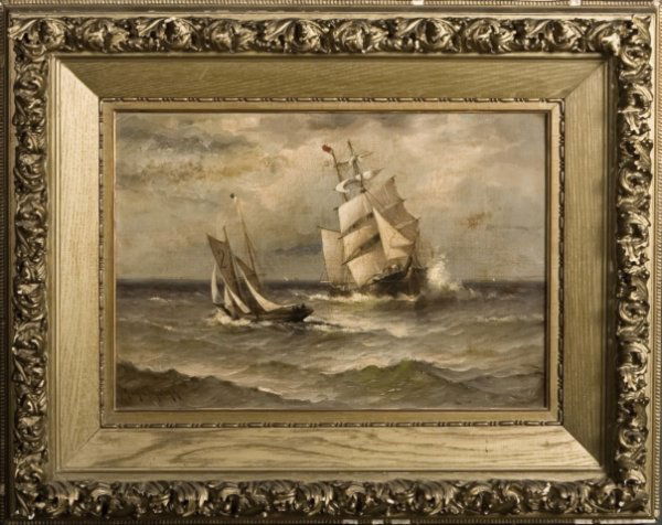 Marshall Johnson, American (1850-1921) Ships at sea: Marshall Johnson, American (1850-1921) Ships at sea, signed Marshall Johnson Jr., L.L. Oil on canvas, 14 in. X 20 in. framed