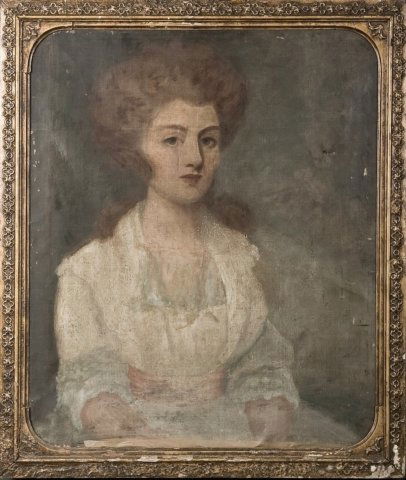 American School (18th/19th century): American School (18th/19th century) Sarah Homes Tappon, signed Gilbert Stuart 1792, verso. Oil on canvas, 30 1/4 in. X 25 in. framed