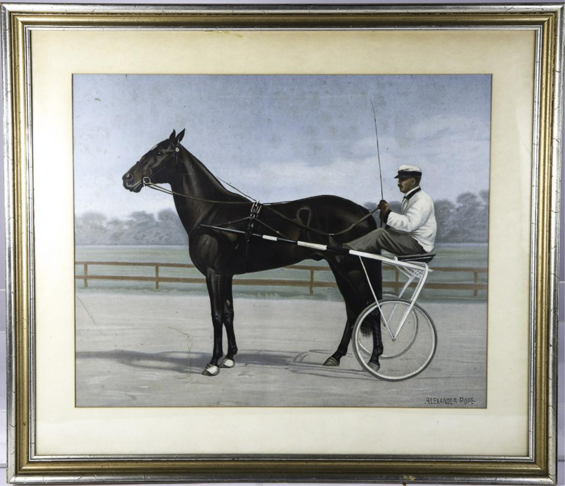 ALEXANDER POPE (1849-1924) "TROTTER AND CARRIAGE": Published, Taber Prang Art Co., Springfield, Mass., ca. 1902. lithograph in color. 19 x 24 inches. framed 27 1/2 x 32 inches (overall)