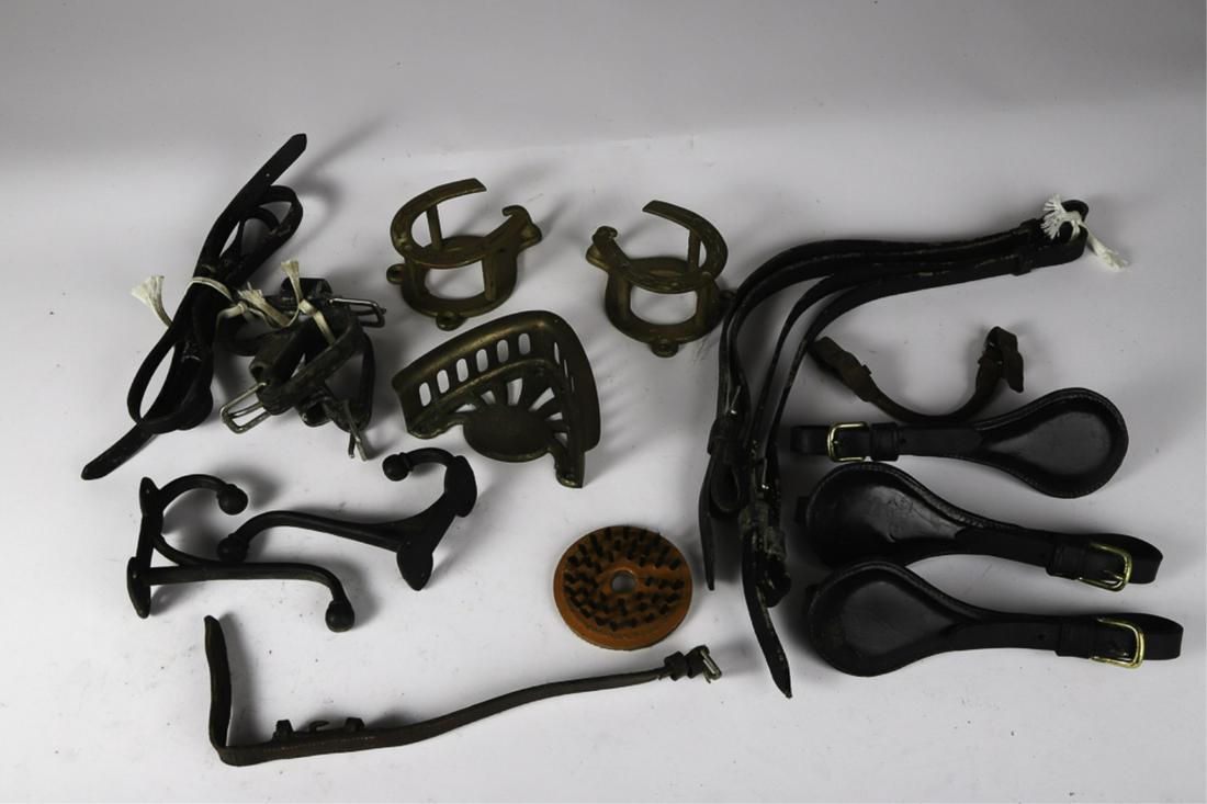 (3) CAST BRASS BRIDLE BRACKETS (2) IRON etc: (2) Horse shoe-form made in England and a third (unmarked), (2) Cast iron (unmarked). Together with an assortment of leather bridle accessories.