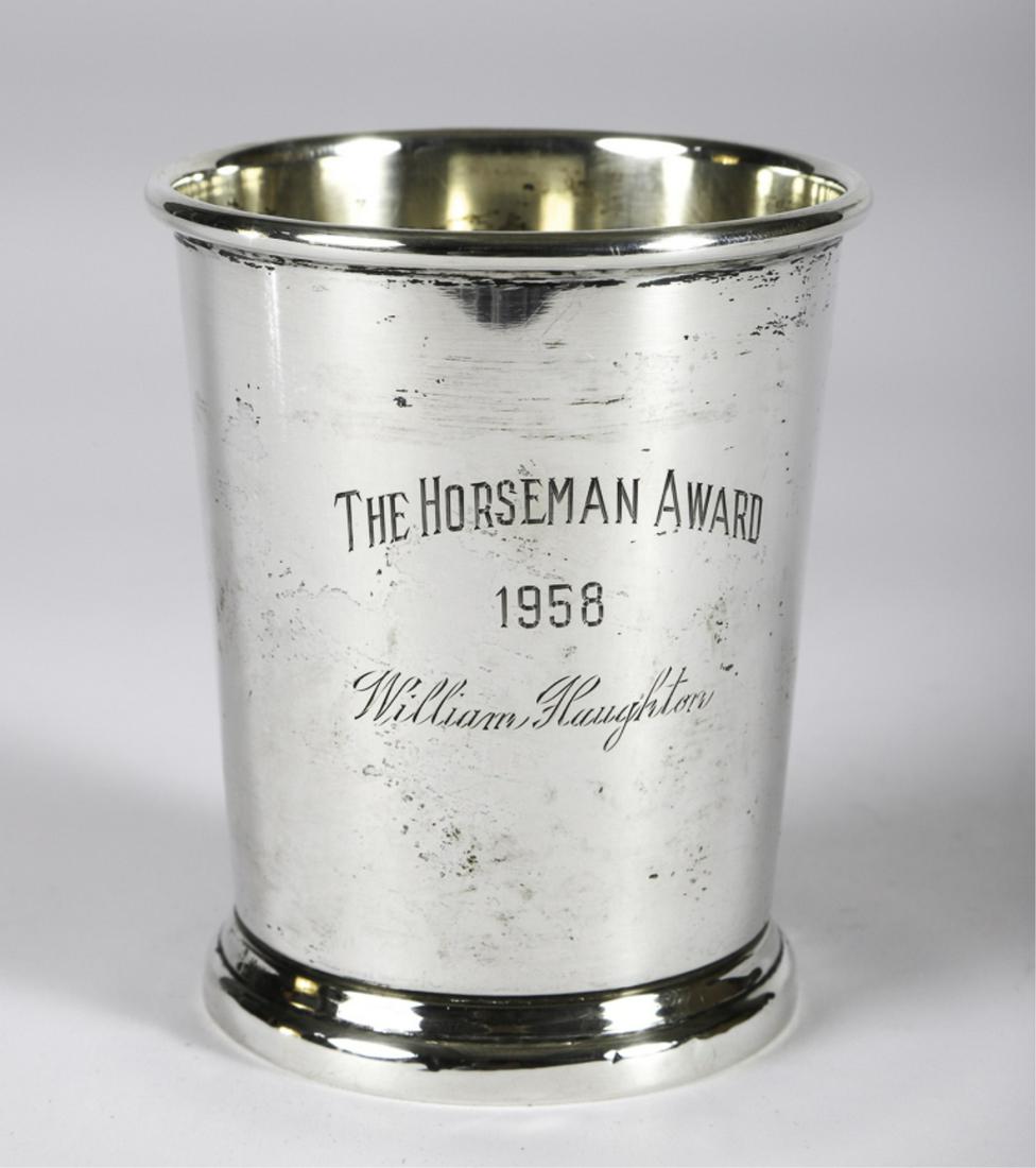 1958 THE HORSEMAN AWARD WILLIAM HAUGHTON: Preisner sterling silver presentation julep cups. 4 inches. 4.87 troy ounces