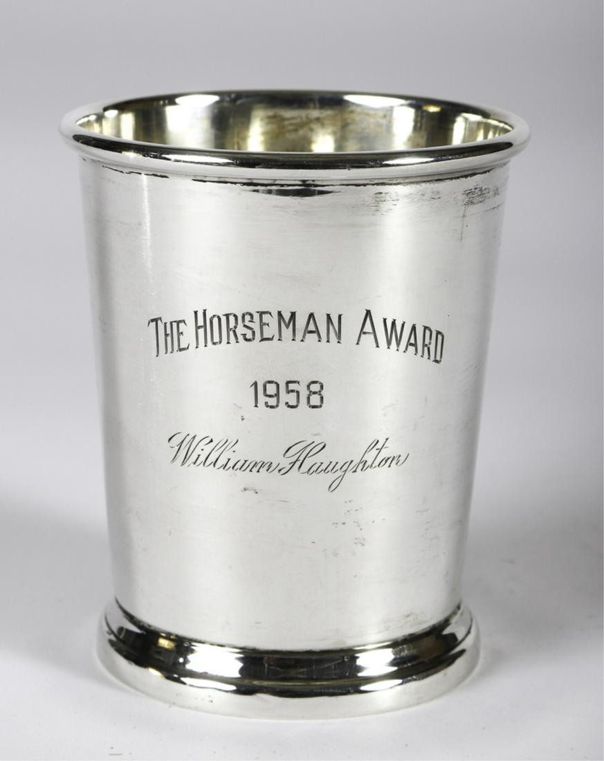 1958 THE HORSEMAN AWARD WILLIAM HAUGHTON: Preisner sterling silver presentation julep cups. 4 inches. 4.87 troy ounces
