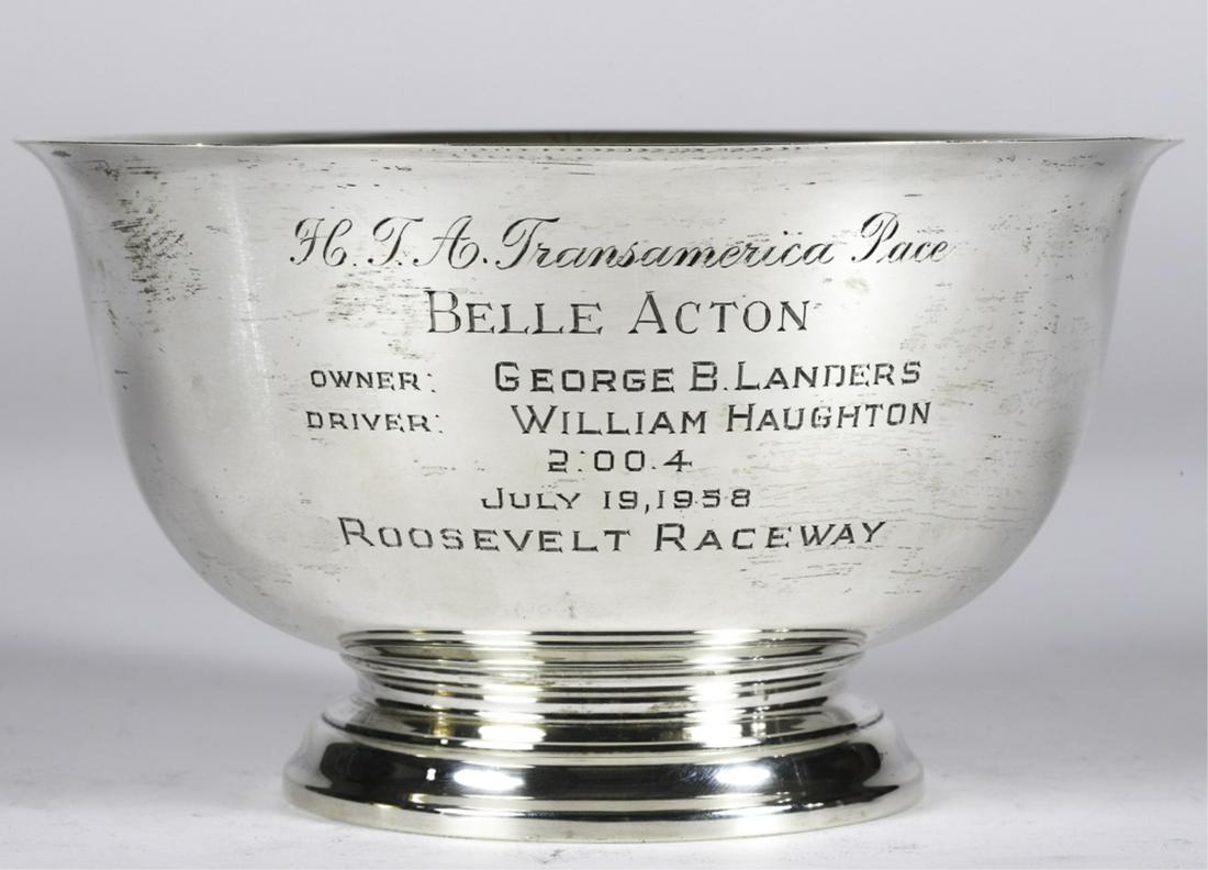 1958 H.T.A. TRANSAMERICA PACE ROOSEVELT RACEWAY: Belle Acton. Owner George B. Landers, Driver William Haughton. Time 2:00.4. July 19th, 1958. Presentation Gorham sterling silver Paul Revere Reproduction bowl. 4 1/4 x 7 1/4 inches. 17.1 troy ounces.